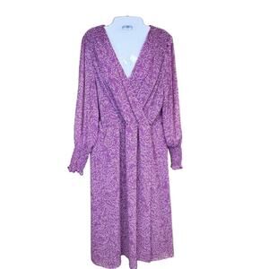 Halogen Purple Floral Chiffon Long Sleeve‎ Midi Dress Women's Sz L